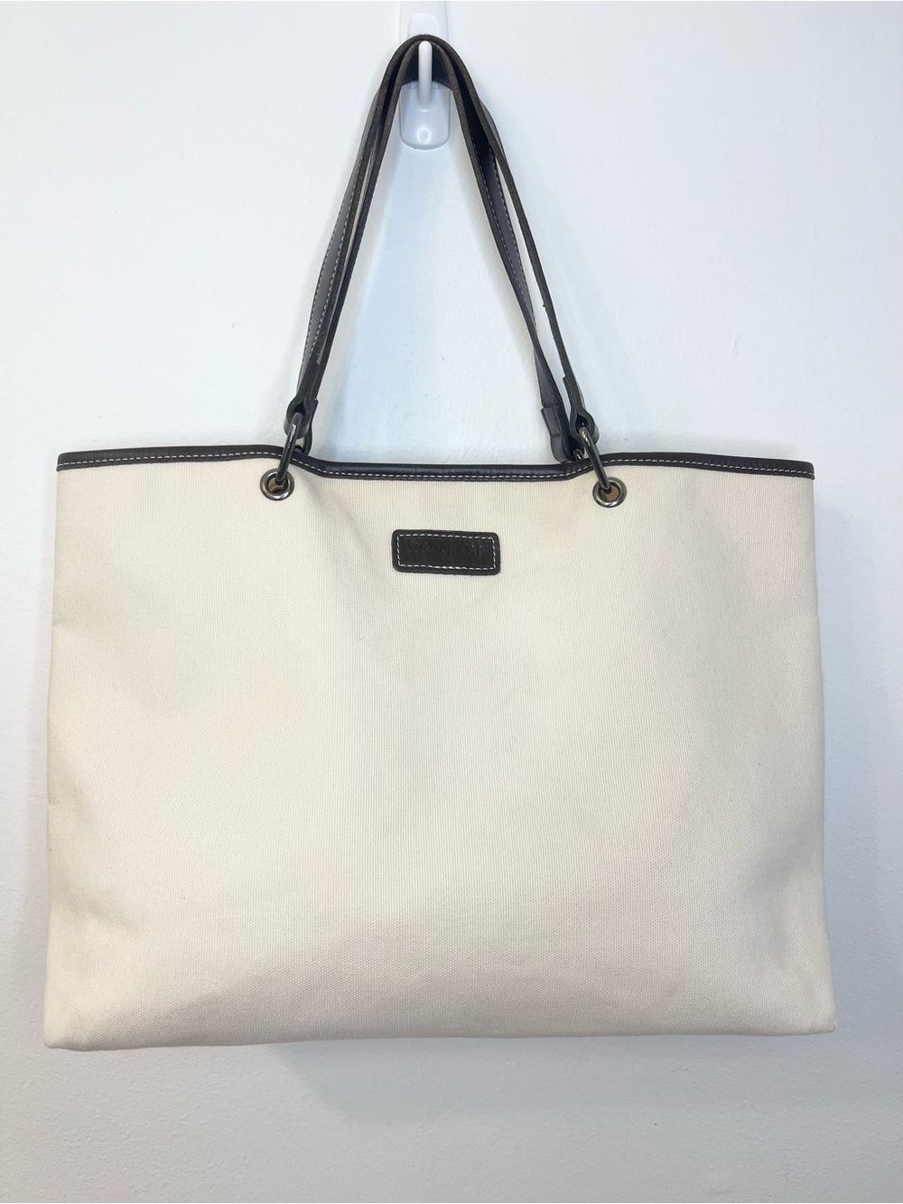 Longchamp Cream Canvas Tote with Dark Brown Trim EUC